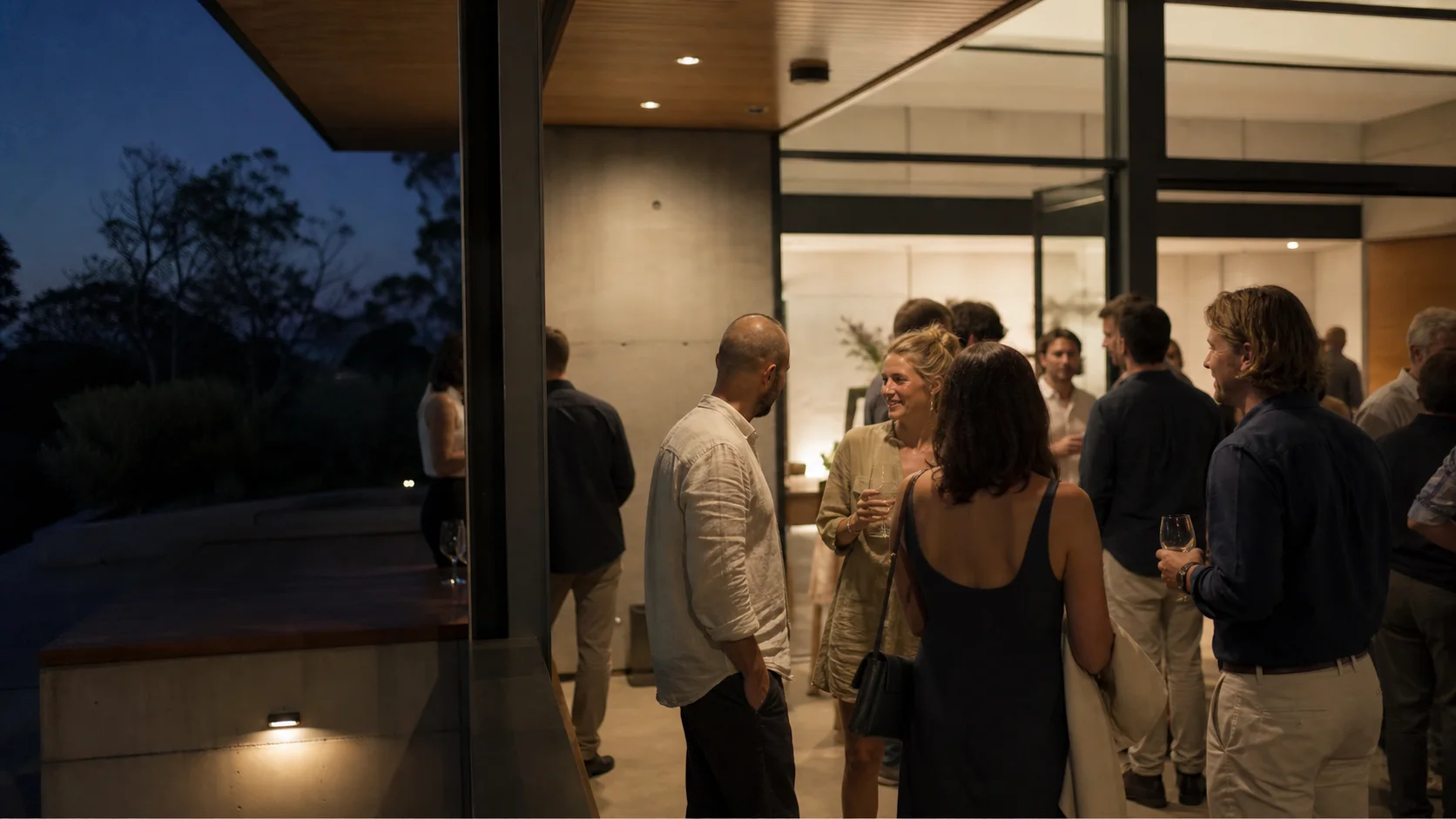 Guests arriving at a contemporary evening event