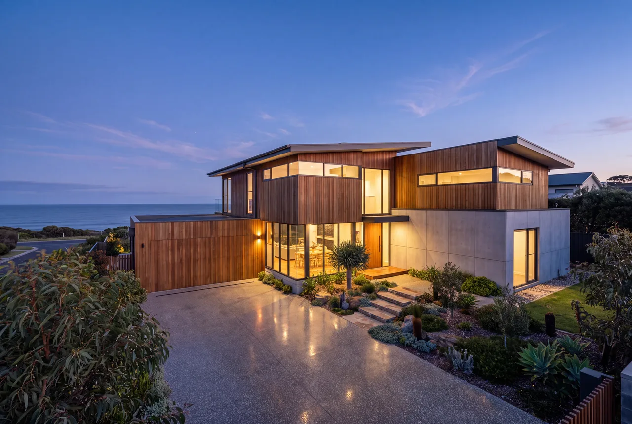 Coastal home at dusk photographed for the Pro package